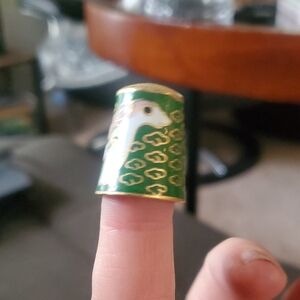 Source Unknown Green Enamel Thimble with White Deer and Gold Accents